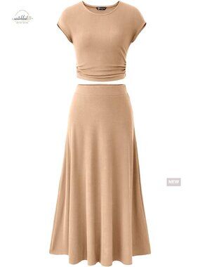Women's Knit Two Piece Skirt Set Crop Top Midi Skirt Lounge Outfit